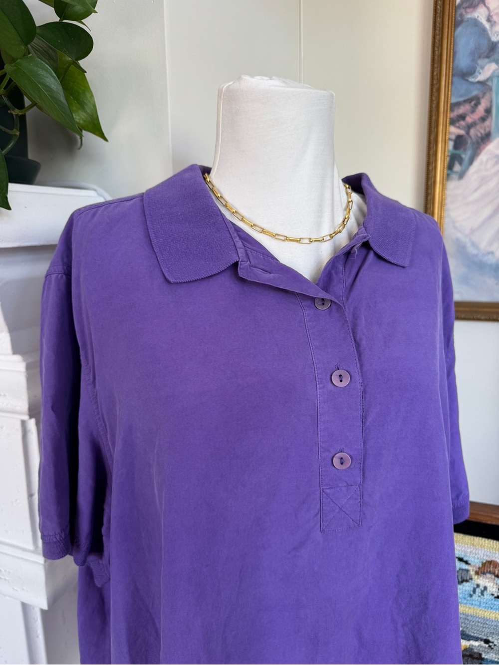 Saks Fifth Avenue Vintage 100% Silk Purple Short-Sleeve Button-Down Polo